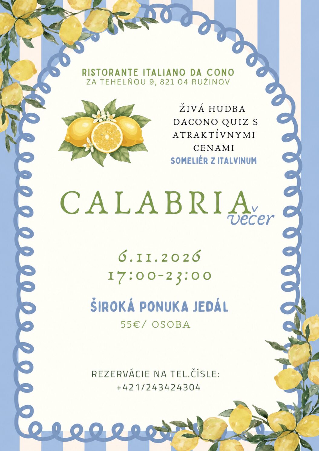 Pozvánka na Calabria večer 6. novembra 2026 v reštaurácii Da Cono Za Tehelňou